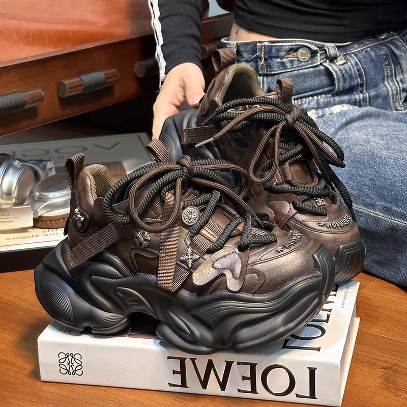 欧货真皮做旧铆钉绑带厚底老爹鞋