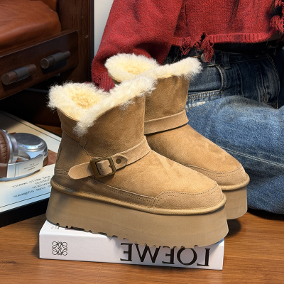 磨砂真皮羊毛松糕厚底雪地靴女