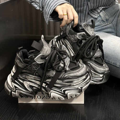 真皮做旧擦色松糕厚底增高老爹鞋