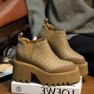 欧货真皮尖头厚底高跟短靴女英伦风小个子增高时装 靴女瘦瘦靴单鞋