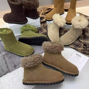 磨砂真皮羊毛两穿中筒雪地靴女加绒厚底勃肯棉靴圆头平底马丁靴擦