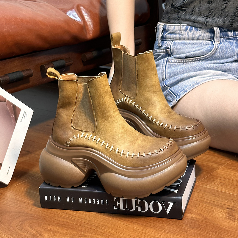 真皮松糕厚底切尔西短靴女马丁靴