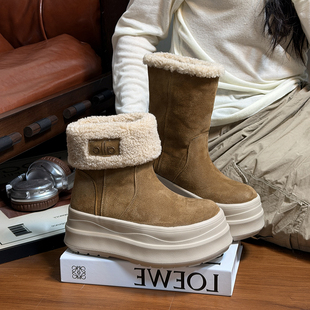 磨砂真皮松糕厚底马丁靴女加绒棉靴雪地靴百搭翻领两穿中筒烟筒靴