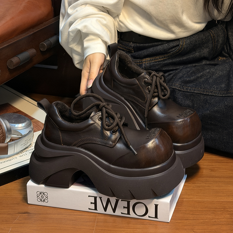 复古真皮松糕厚底小皮鞋女