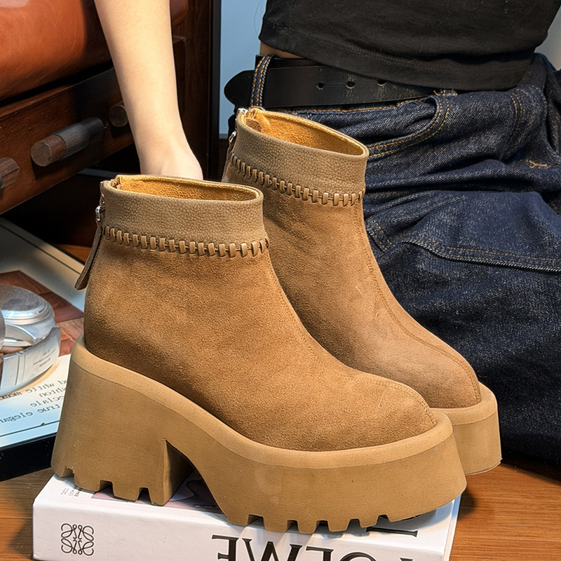 磨砂真皮厚底松糕马丁靴女2025新款小个子增高加绒烟筒切尔西短靴,女鞋,时装靴,淘宝优惠券,粉丝福利购,淘宝优惠卷