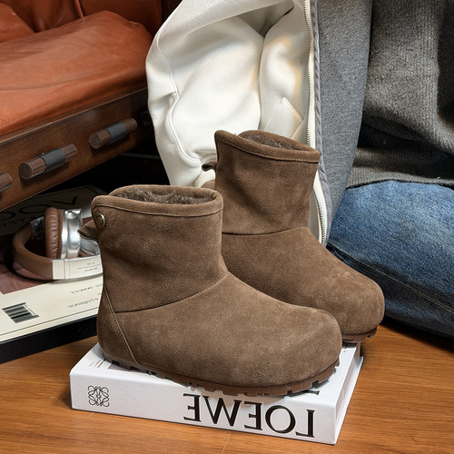 磨砂真皮羊毛大头厚底雪地靴女