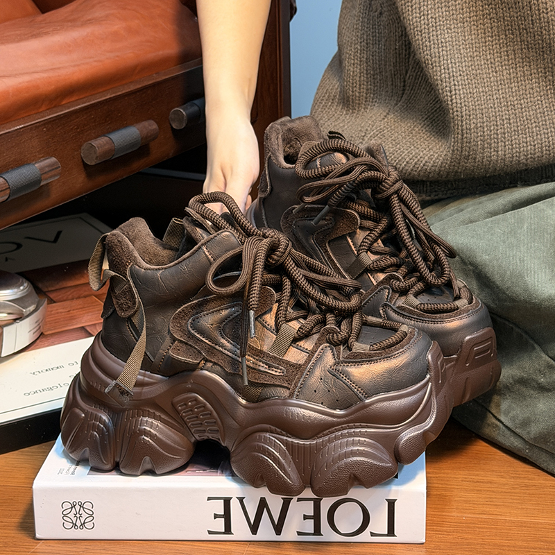 欧货真皮系带松糕厚底老爹鞋女