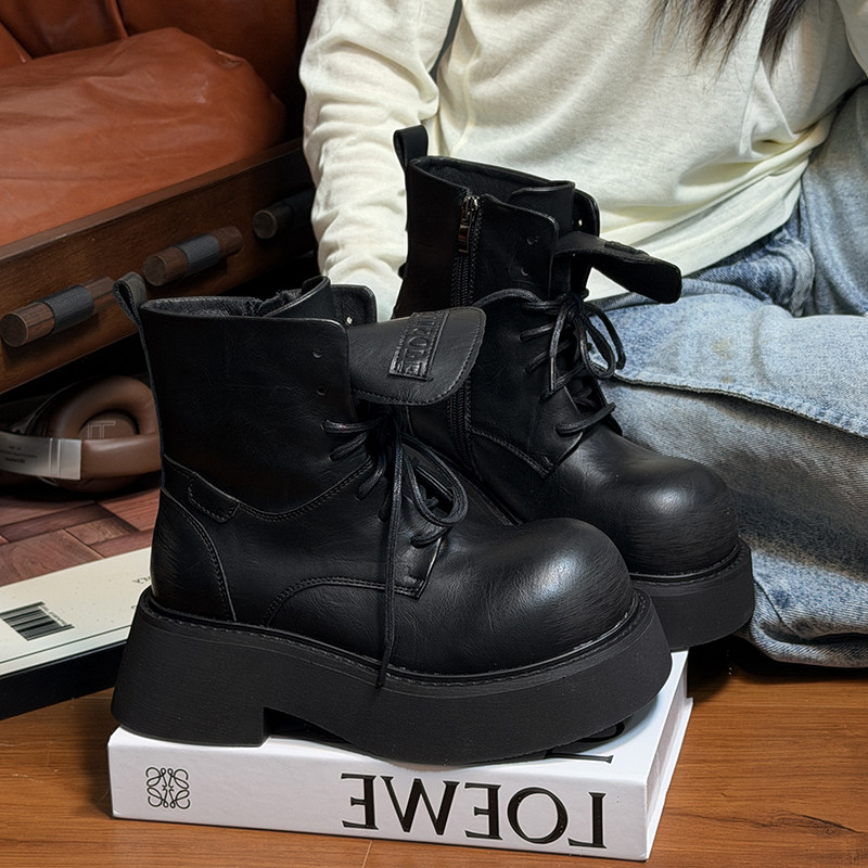 欧货真皮大头系带厚底马丁靴女