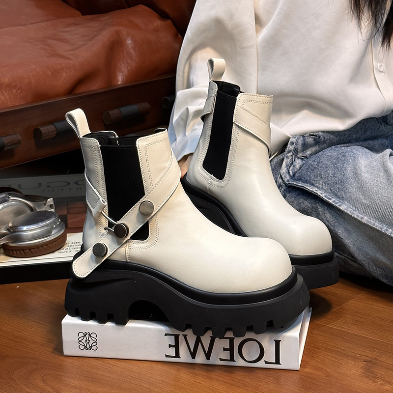 欧货真皮圆头厚底马丁靴女2025新款百搭皮带扣增高烟筒切尔西短靴,女鞋,马丁靴,淘宝优惠券,粉丝福利购,淘宝优惠卷