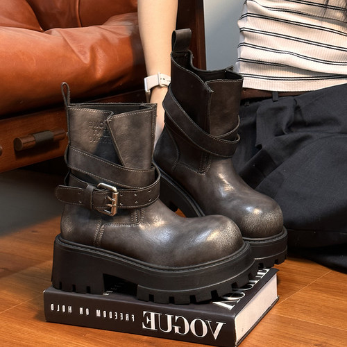 真皮擦色做旧大头厚底马丁靴女