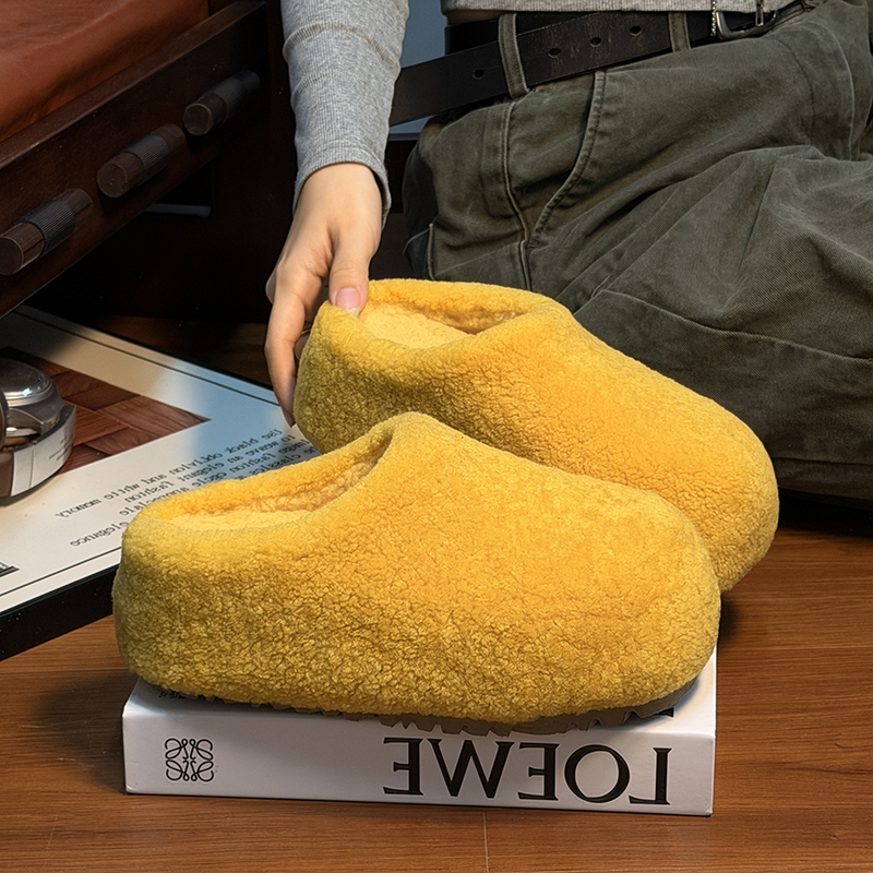 羊羔毛真皮大头松糕厚底毛毛拖鞋