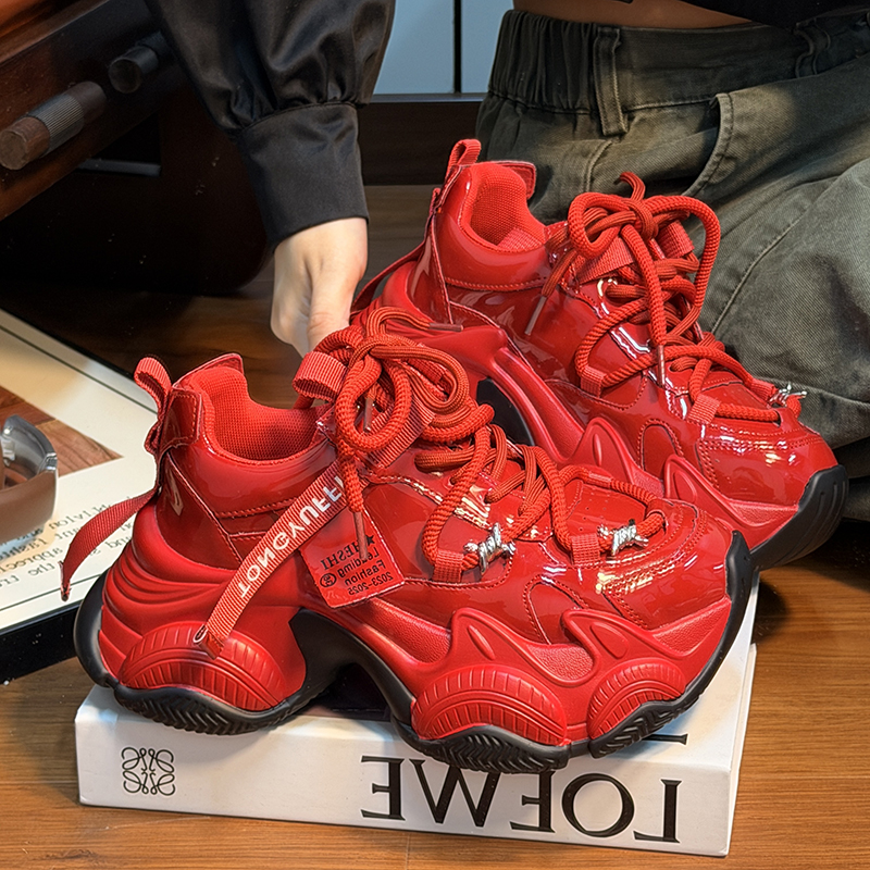 欧货真皮系带松糕厚底老爹鞋女