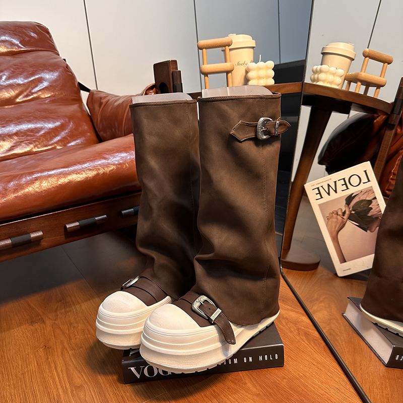 复古真皮做旧厚底堆堆裤管靴女