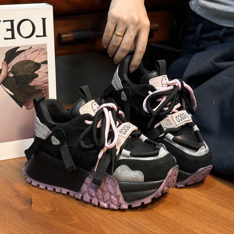 真皮拼色松糕厚底阿甘老爹鞋女