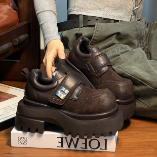 乐福鞋 小个子增高单鞋 女英伦风圆头德比鞋 复古真皮松糕厚底小皮鞋