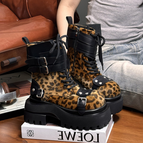 真皮豹纹松糕厚底马丁靴女英伦风