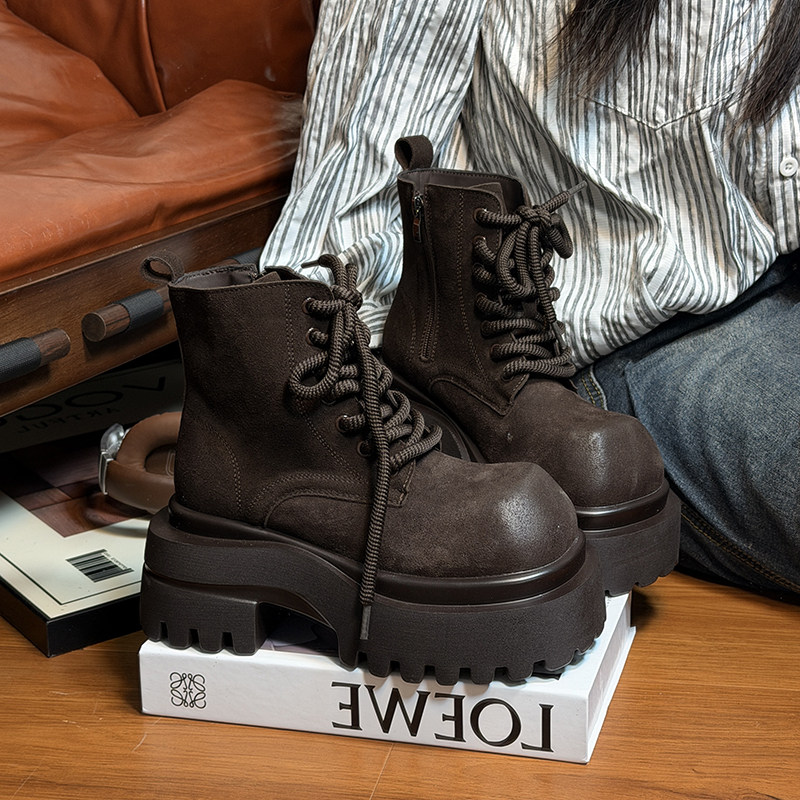 复古真皮擦色厚底马丁靴女英伦风大头系带加绒短靴百搭增高机车靴,女鞋,马丁靴,淘宝优惠券,粉丝福利购,淘宝优惠卷