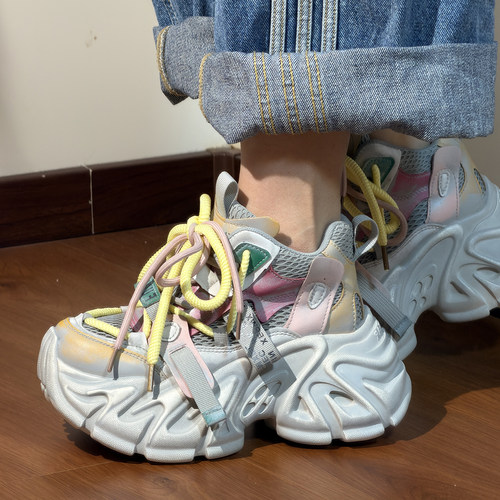 真皮拼色松糕增高女高帮老爹鞋