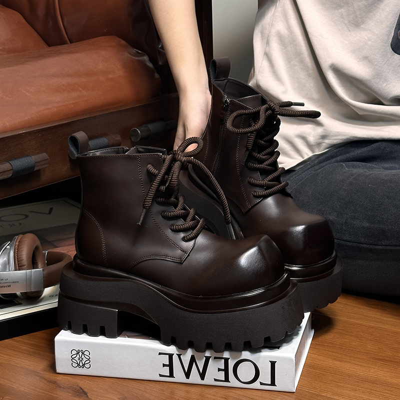 真皮大头系带松糕厚底马丁靴女