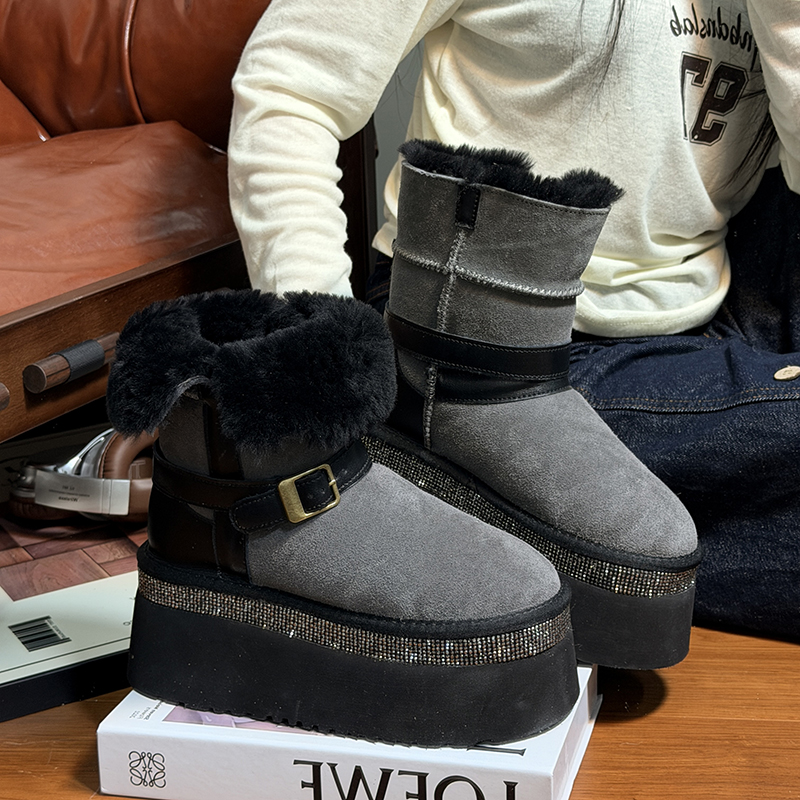 磨砂真皮羊毛厚底增高雪地靴女