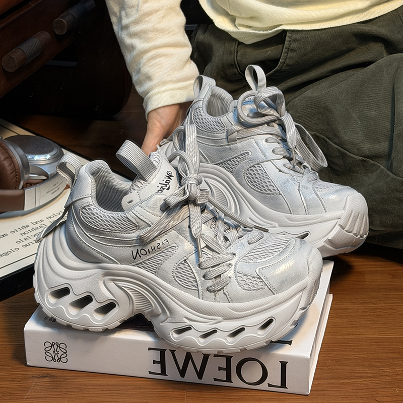 欧货真皮系带松糕厚底老爹鞋女