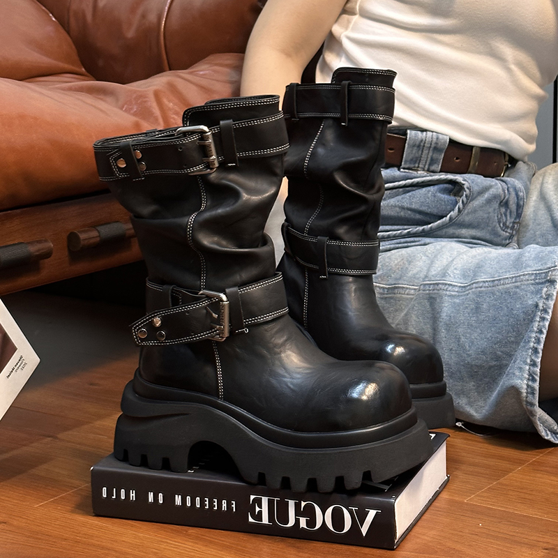 欧货真皮厚底中筒骑士靴女英伦风