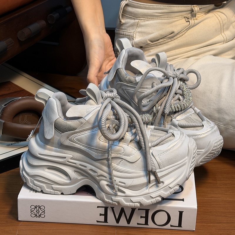 欧货真皮水钻松糕厚底老爹鞋女