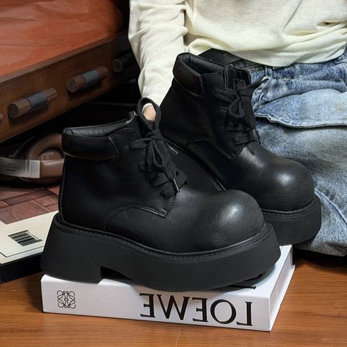 复古真皮大头系带厚底马丁靴女