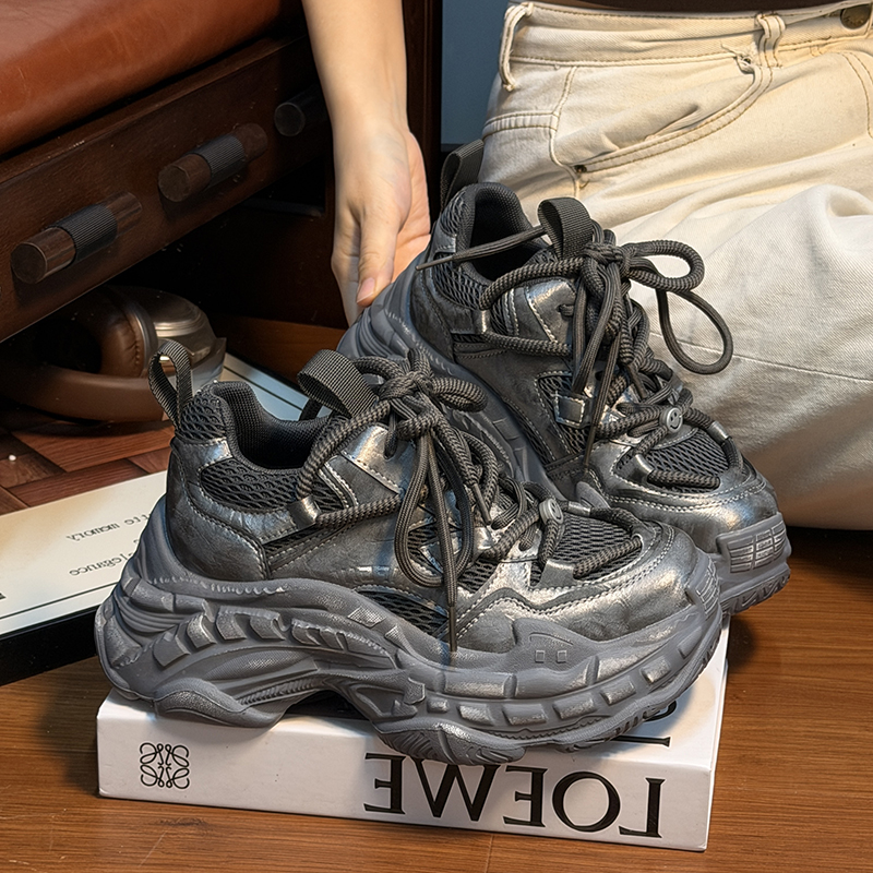 欧货真皮系带松糕厚底老爹鞋女