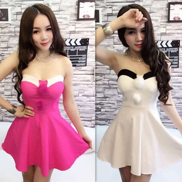 夏新款抹胸裙子性感低胸毛毛球大摆公主裙收腰显瘦小个子连衣裙女