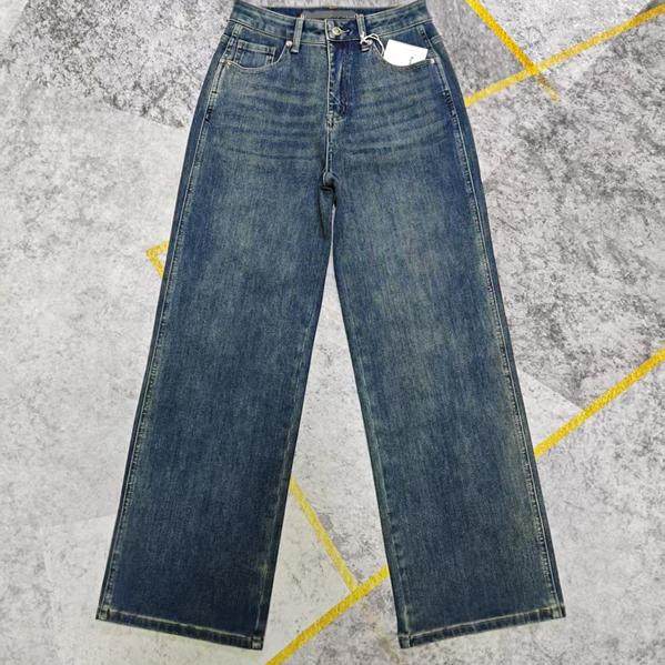 欧美单 女 高腰瘦版阔腿裤 复古直筒牛仔长裤 四面弹力窄版阔脚裤