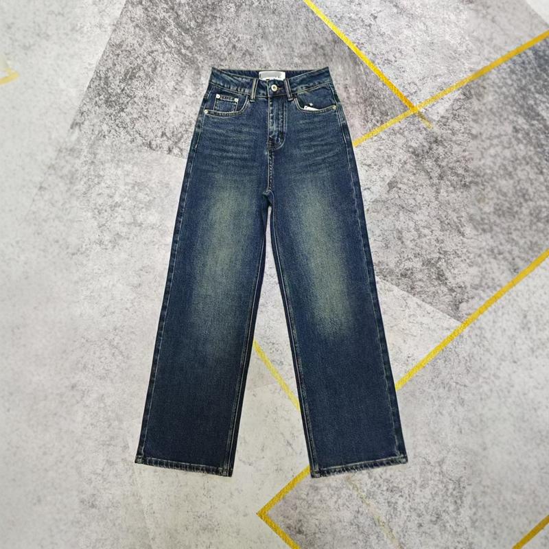 法系 女 高腰窄版阔腿裤 复古牛仔拖地裤 直筒裤 修身瘦版阔脚裤