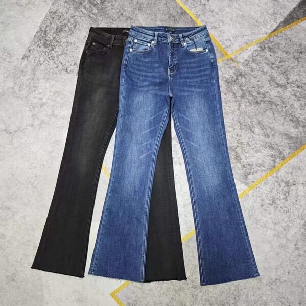 欧美高腰薄绒喇叭裤 弹力加绒牛仔裤 一体植绒马蹄裤 炭黑色裤子