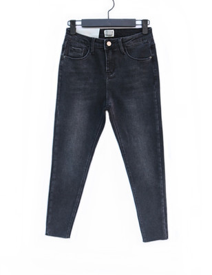 鑫淼外贸 火山岩裤子 抓绒保暖牛仔裤 高腰弹力九分裤 碳黑色裤子