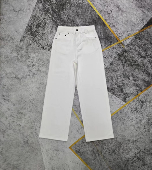 美系 女 白色高腰阔腿裤 偏宽松阔脚裤 全棉拖地裤 大长腿牛仔裤