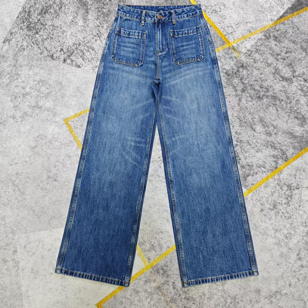 欧美高腰窄版阔腿裤 瘦版阔脚裤 全棉复古直筒裤 大长腿牛仔裤