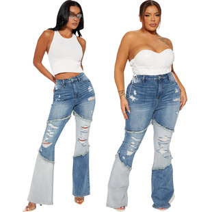 Ripped stretch slim-fit bell bottoms破洞弹力修身喇叭裤牛仔裤