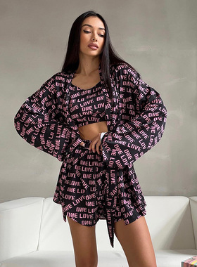 Printed three-piece pyjama suit 开衫短裤吊带三件套睡衣家居服