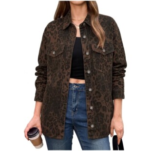 豹纹夹克牛仔外套慵懒宽松上衣女衬衫Leopard-print denim jacket