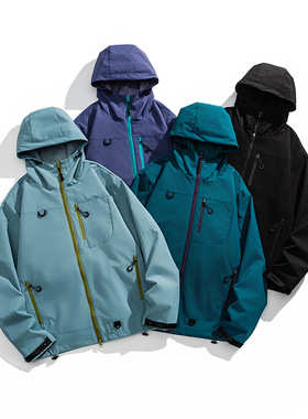 Outdoorhooded hardshell jacket户外登山连帽冲锋衣港风夹克外套