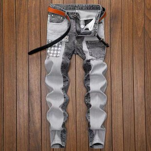 拼接牛仔裤潮牌修身小脚弹力工装裤Jeans small foot cargo pants