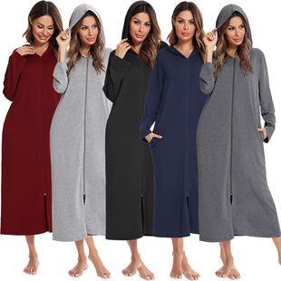 Hooded pajamas nightdress 舒适家居服纯色长袖连帽睡衣居家睡裙