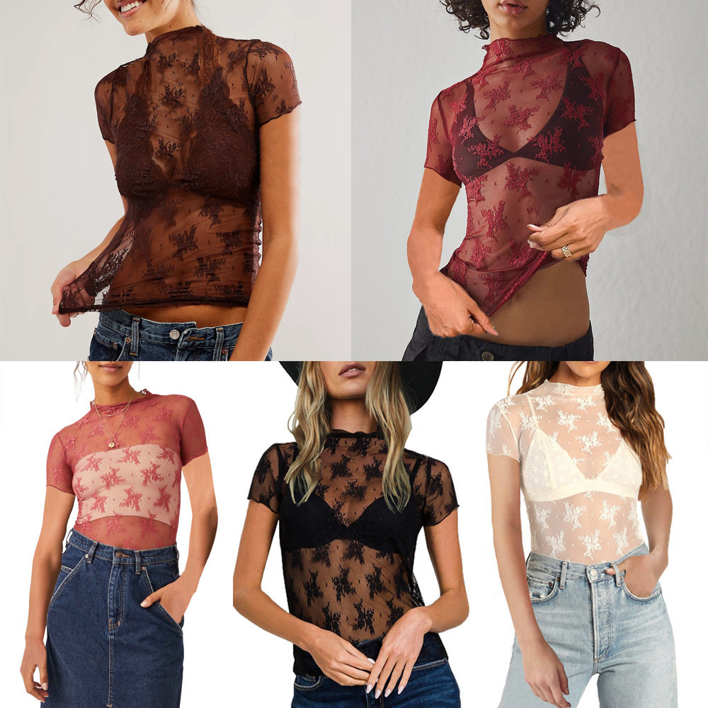 蕾丝网纱打底衫辣妹透视短袖上衣 Lace T-shirt short sleeve top