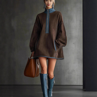 dress棕色毛绒高领短款 Plush zipper neck 连衣裙女宽松卫衣 high
