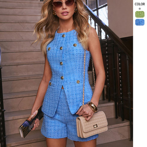 无袖小香风马甲背心带纹理短裤