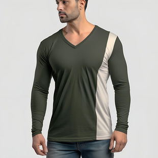 Color matching V-neck long sleeve T-shirt 英伦拼色V领长袖T恤