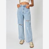 休闲蓝色破洞洗水直筒长裤 Blue 女 straight pants ripped wash