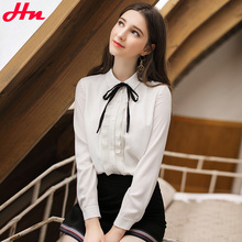上衣 女长袖 蝴蝶结雪纺衬衫 职业翻领白衬衣小衫 新款 HN2019秋装 韩版