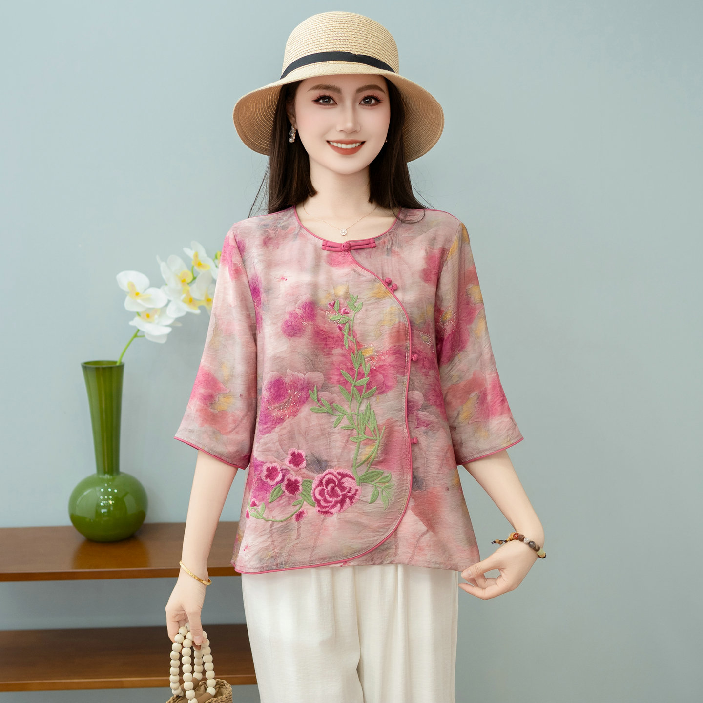 国风苎麻印花撞色盘扣茶服上衣女