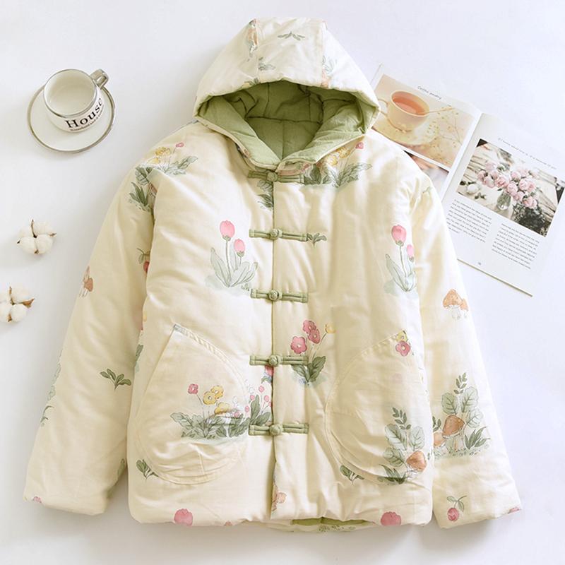 新中式国风连帽手工棉花棉袄女2025秋冬新款宽松复古碎花棉衣外套